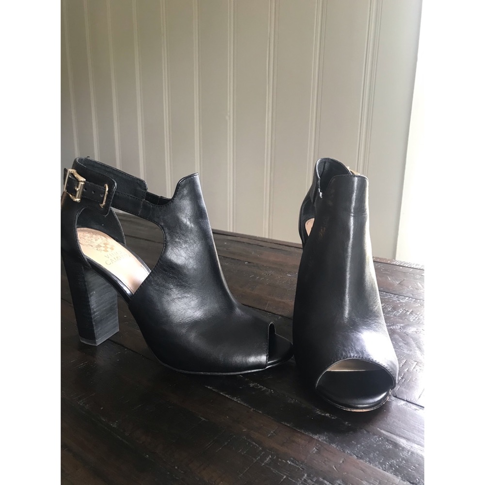 Women’s high heel black open toe booties